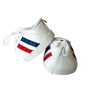 Build-A-Bear White Sneakers Tennis Shoes W/ Red & Blue Stripes